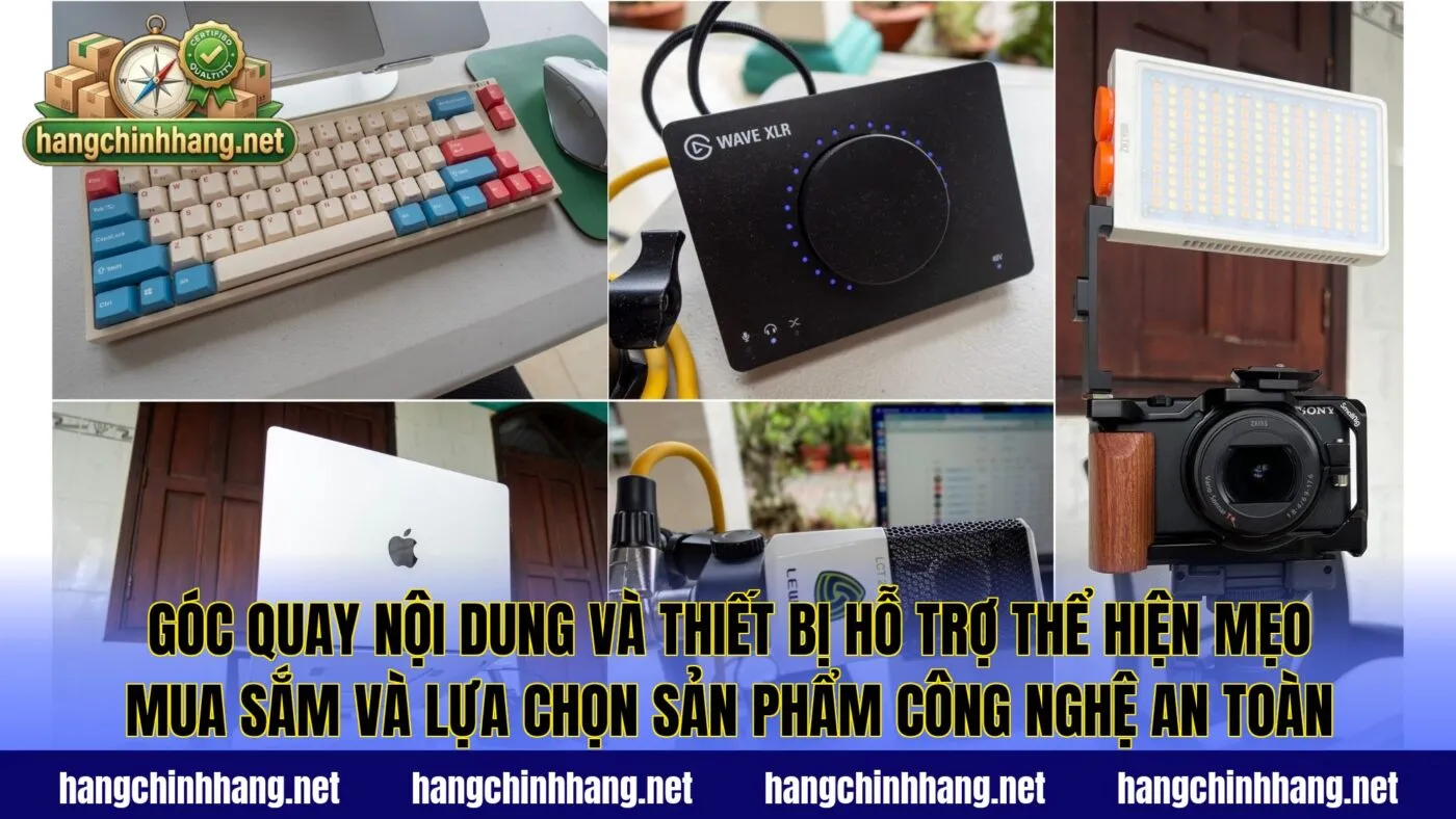 Góc quay nội dung và thiết bị hỗ trợ thể hiện mẹo mua sắm và lựa chọn sản phẩm công nghệ an toàn